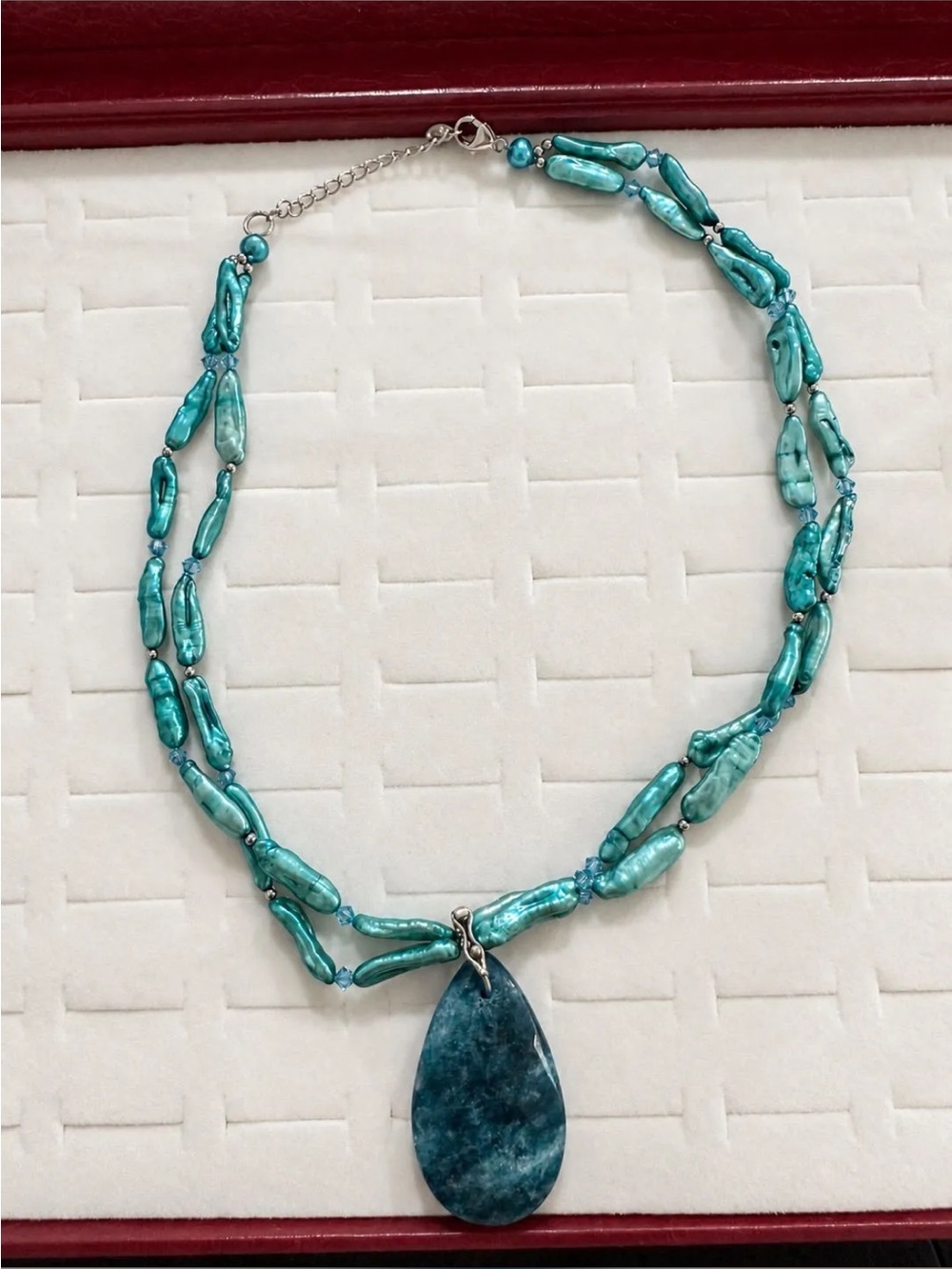 Blue Kyanite Pendant Necklace with Blue Treated Genuine Baroque Stick Pearls